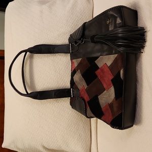 Elliott Lucca Black Leather Patchwork Shoulder Bag with Magnetic Closures